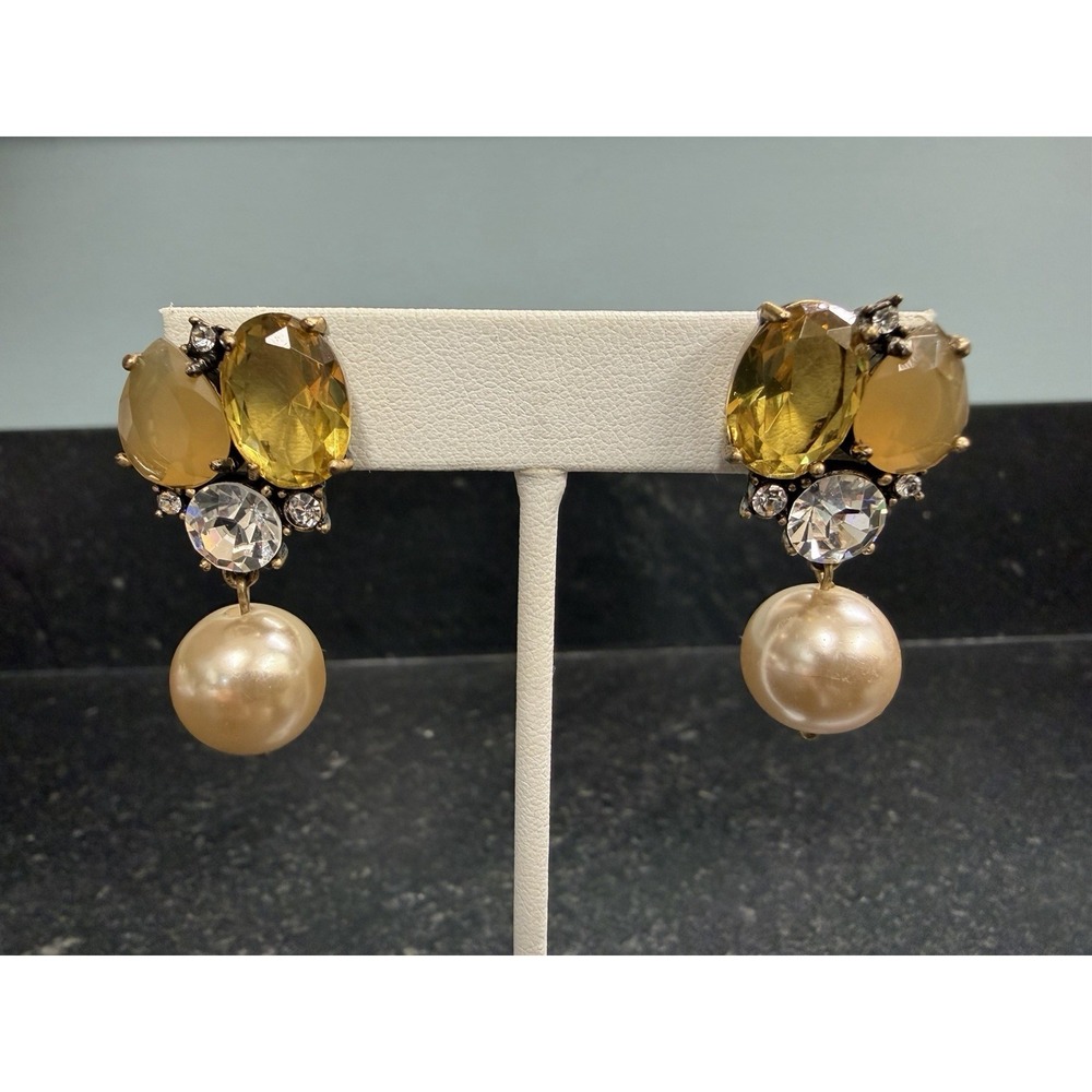 J.Crew Crystal Rhinestone Faux Pearl Drop Earrings Gold Tone Statement 1.5"